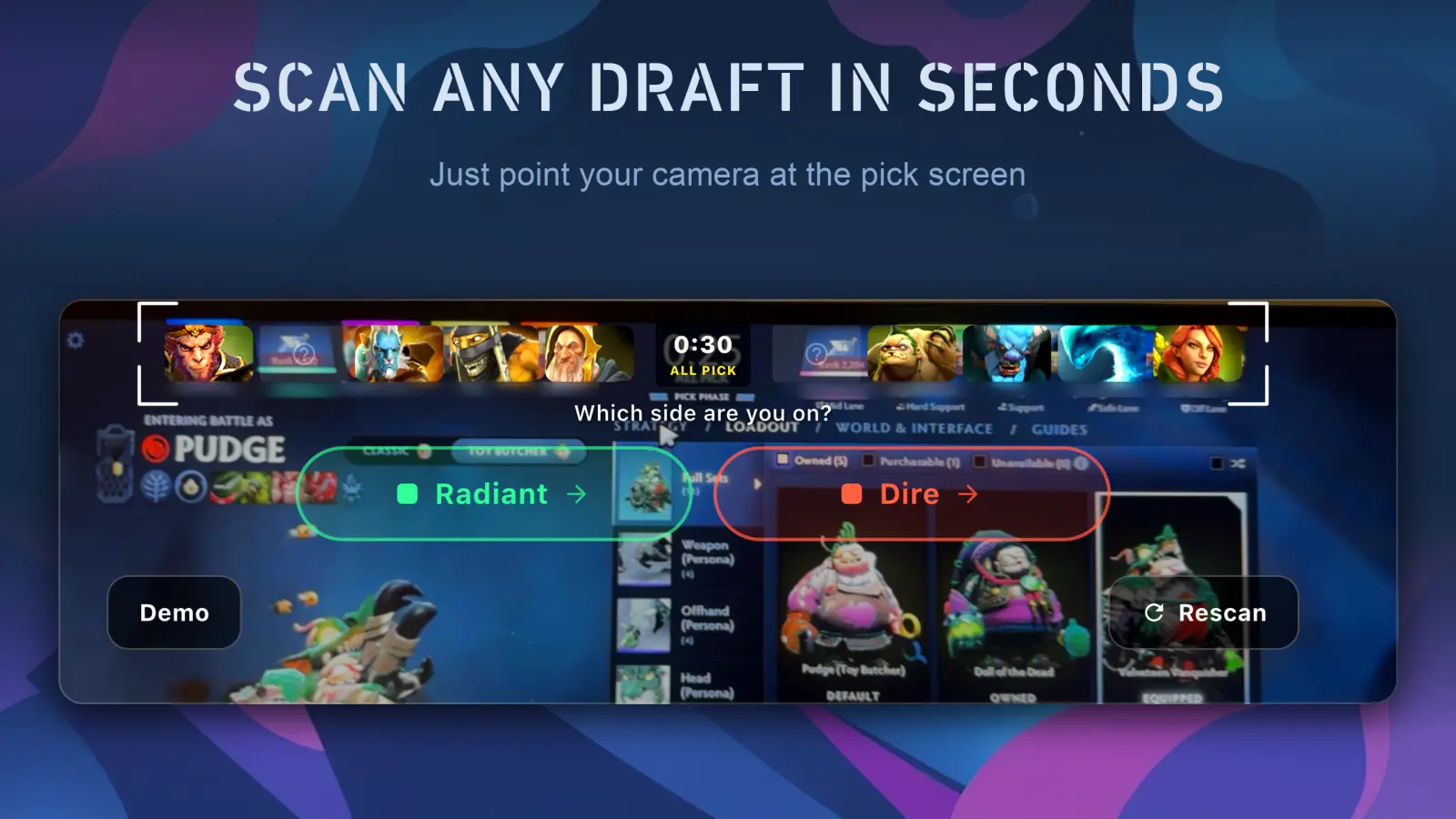 A phone scanning a Dota 2 draft screen, with all ten picked heroes recognised inside the camera frame